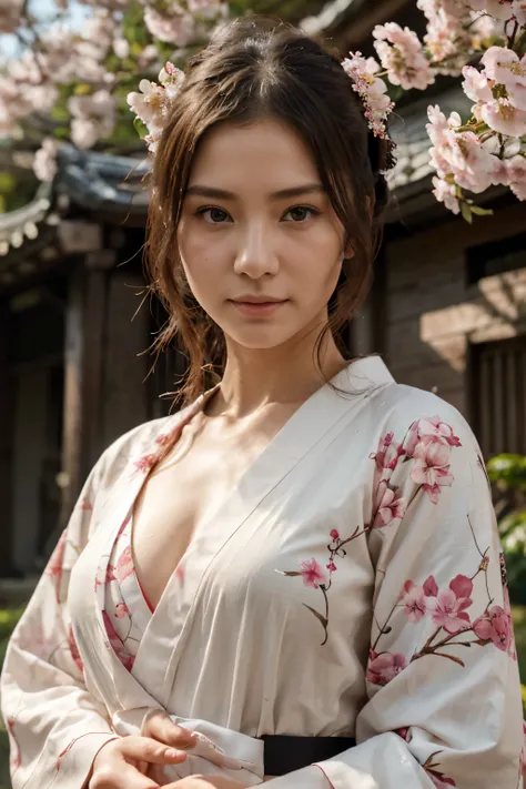 (realistic,photorealistic:1.37),21-year-old Japanese-Caucasian woman, wearing a traditional kimono, standing under blooming cherry blossoms, making eye contact with the camera, displaying a shy smile, delicate cherry blossom petals falling around her, soft...