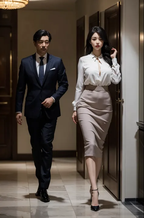 "Sakura, alongside Yumis father, confidently striding towards a meeting room, her high-heeled pumps clicking on the polished marble floor, her form-fitting pencil skirt and fitted blouse accentuating her figure and professionalism, glossy black hair bounci...