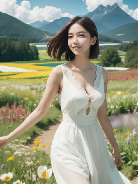 1girl, dynamic angle, cloud and mountain, (flower field:1.4) in the foreground, white dress, light tracing, (floating colorful wind:1) (photorealistic:1.4), official art, unity 8k wallpaper, ultra detailed, beautiful and aesthetic, masterpiece,best quality...