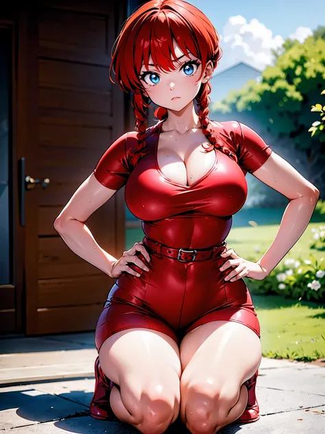 Anime redhead wearing red shirt, black leather pants, 16 year old girl, young girl, perfect body, fair skin, beautiful breasts, red hair with braids, beautiful lighting, blue eyes, beautiful legs, girl squatting, girl kneeling on the floor , hands on hips,...