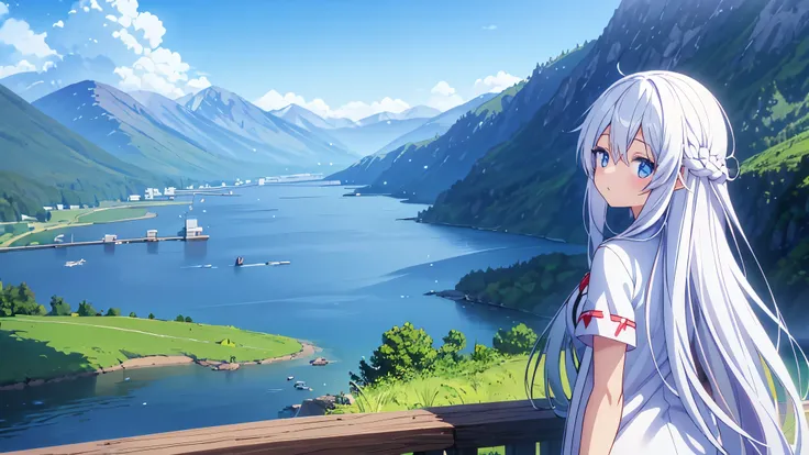 morning, anime girl, white long hair, looks towards the rising sun from behind the mountains, white pajamas with short sleeves, covers his eyes with his hand from the bright sun, stands on the bank of the river, detailed landscape.