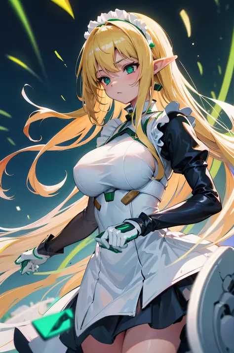 4K,High resolution,one woman,blonde,long hair,green eyes,goblin,big breasts,white tight cyber suit,maid,maid服,city of the future