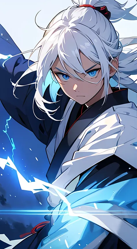 samurai of wind and thunder, Eletricidade, Cabelo branco comprido, olhos azuis, Eletricidade background