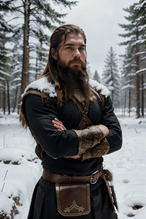 A Viking-style bearded warrior in warrior outfit
in a snowy forest

