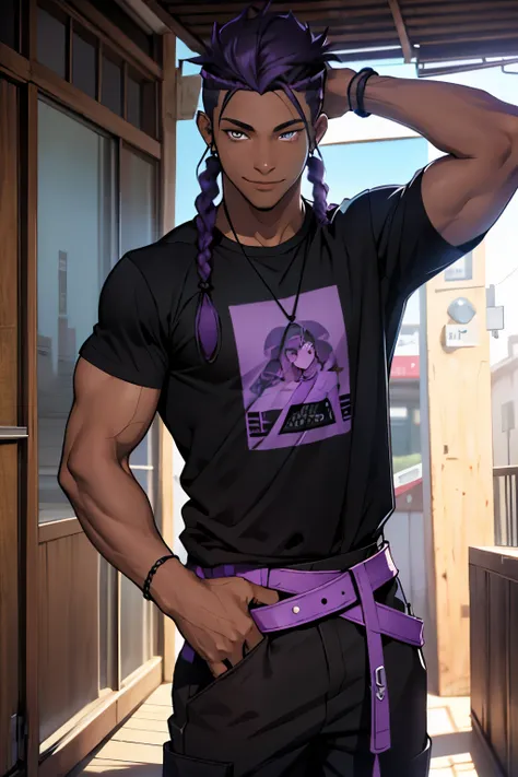 black young man, black and purple hair with two braids, olhos purpura, camiseta branca, black pants, sorriso arrogante, hunters eyes, face calma, 