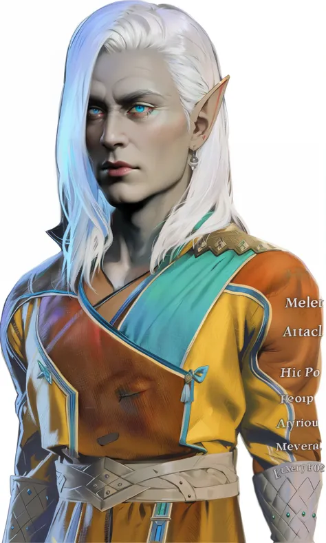 a drow elf dnd, male, standing, long white hair, heterochromia, left eye blue right eye green, cleft chin, masculine, age wrinkles, wearing multicolored robe, rear view