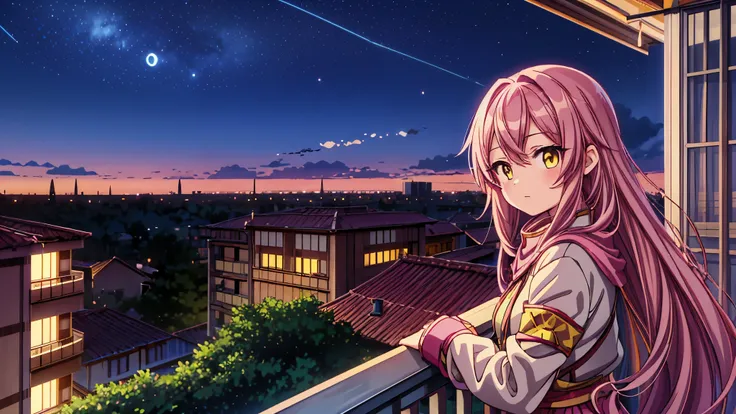 night, cute anime girl 16 years old, pink long hair, yellow eyes, stands on the balcony, rested on the balcony fence, Looking at the night sky.