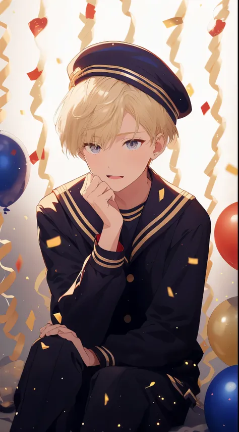 young male character inspired by a photo. The character has short blonde hair, fair skin, and is dressed in a navy blue sailor uniform with a beret, seated against a celebratory gold tinsel background,high quality, amount of drawing, pixiv illustration