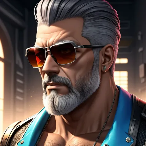 Edlintramos with grey beard and sunglasses, arte cyberpunk, arte funk, cores gradientes deslumbrantes, retrato estilizado h 704, pompadour, streamer twitch, cores frias. insanamente detalhado, t-800, sem assinatura de marca d&#39;water, em cores ricas, ult...