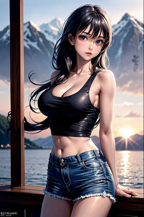 （realistic lighting， high resolution;：1.3）， 1 girl with a perfect body， super fine face and eyes，Long black hair， red Tank top， shorts， on a pier， tits huge，Cleavage exposure，（Eurasian jav：1.5）， full body shot， masterpiece， best quality， Raw-Photo， realist...