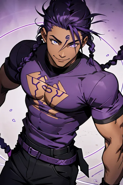 black young man, black and purple hair with two braids, olhos purpura, camiseta branca, black pants, sorriso arrogante, hunters eyes, face calma, fortinho