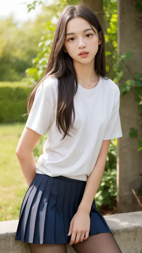 Olivia Rodrigo aged 13, long hair: 1.6, t-shirt, pleated skirt, pantyhose, small breasts, fair skin, photorealistic