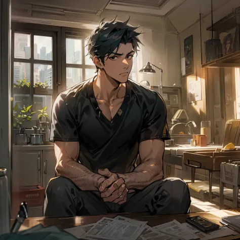 (masterpiece, highres, 4k, extremely detailed) solo, 1male, man, adult, (masculine), handsome, attractive, (apartment interior as background), [sunshine in background], black hair, black eyes, black shirt, (looking at viewer), (emotionless)