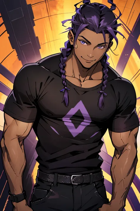 black young man, black and purple hair with two braids, olhos purpura, camiseta branca, black pants, sorriso arrogante, hunters eyes, face calma, fortinho