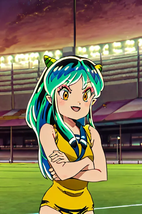 lum, 1girl, gym uniform, buruma, sport festival, stadium, smile, with Ataru moroboshi