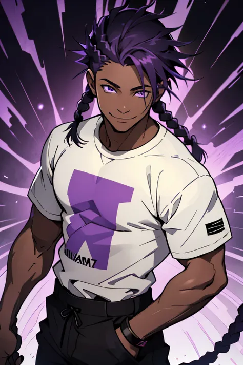 black young man, black and purple hair with two braids, olhos purpura, camiseta branca, black pants, sorriso arrogante, hunters eyes, face calma, 