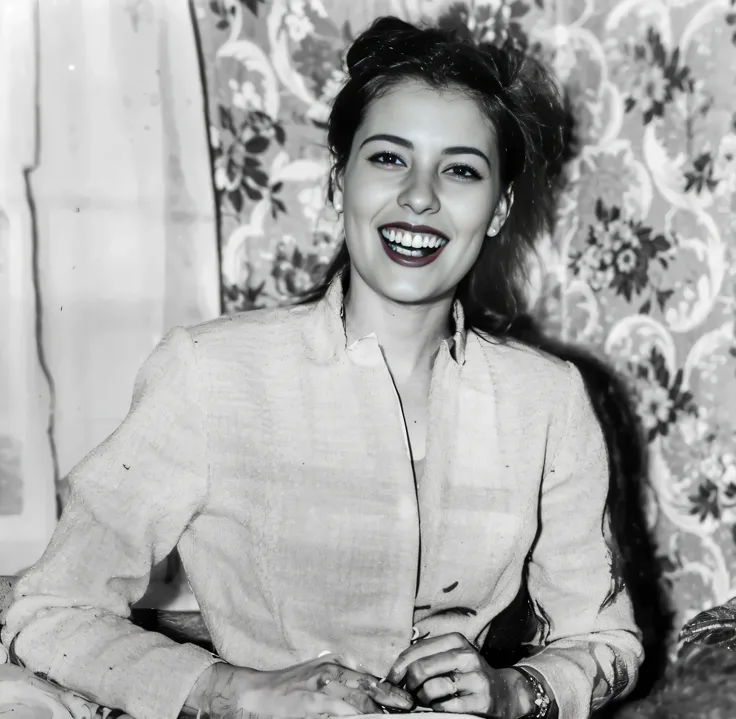 Arafed woman sitting at a table wearing a tweed jacket with detailed and intricate weaves in her 20s., 1 9 4 5, 1945, 1 9 4 2, 1942, 1 9 4 0, 1940, Single portrait, 1944, 1 9 4 4, 1 9 4 1