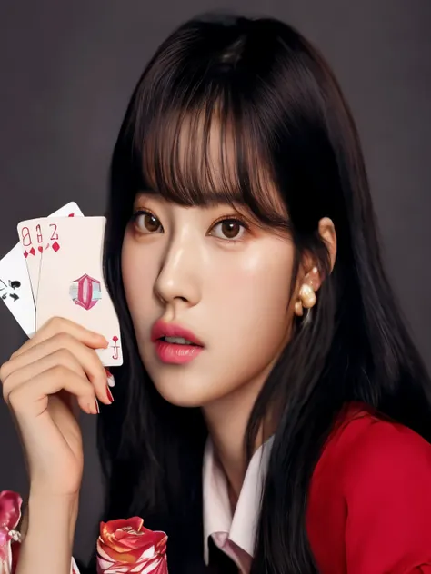 imagen arafed de una mujer sosteniendo una baraja de cartas., retrato de jossi de blackpink, lalisa manobal, female korean idol ...