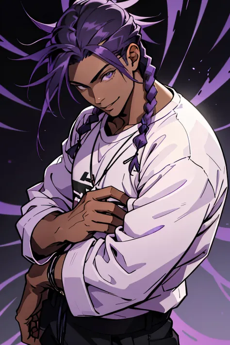 black young man, black and purple hair with two braids, olhos purpura, camiseta branca, black pants, sorriso arrogante, hunter's...