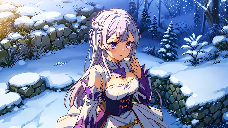 Emilia Re:Zero из аниме kara Hajimeru Isekai Seikatsu,White hair, Purple eyes, white clothes with purple lines, uses magic, magical fire in hands, winter, winter forest background.