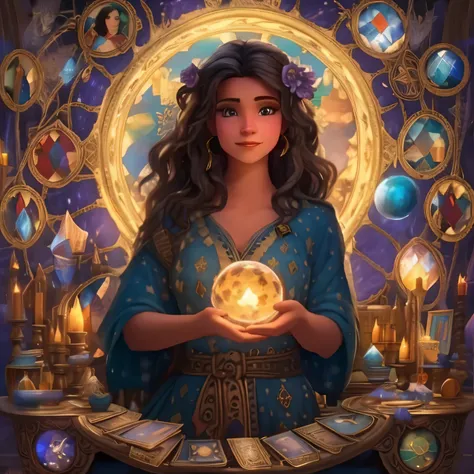 a woman holding a crystal ball in her hands in front of a circular table, inspirado em gaston bussiere, tarot art, arte de jogo ...