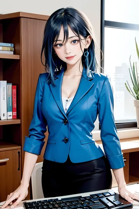 ((masterpiece, highest quality)), (1 girl),((mature woman)), blue hair, ((office lady )),bangs,middle chest,(big breasts),slim,s...