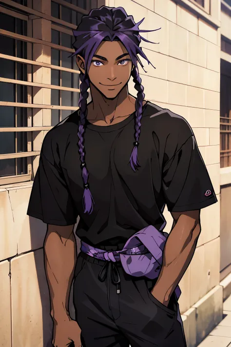 black young man, black and purple hair with two braids, olhos purpura, camiseta branca, black pants, sorriso arrogante, hunters eyes, face calma, 