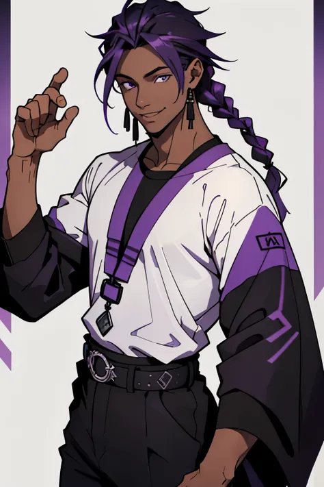 black young man, black and purple hair with two braids, olhos purpura, camiseta branca, black pants, sorriso arrogante, hunters eyes, face calma, 