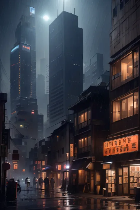 downtown japan，There are many lights on the building，Surreal photos of small towns，old asian village，(in the background, light from city windows&#39;Skyscraper:1.3)，Raymond Han，Rainy night, cyber punk, Bright building, Late afternoon，in the rain, beautiful...