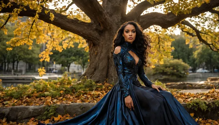 beautiful young lady (Tempestade de X-Men), (22 anos), en robe Blue de soie noire et avec de la fumée noir à la place du haut du visage. Debout sur un îlot rocheux flottant dans lespace devant un arbre avec des yeux à la place des feuilles.
