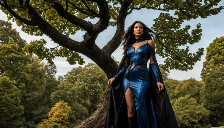 beautiful young lady (Tempestade de X-Men), (22 anos), en robe Blue de soie noire et avec de la fumée noir à la place du haut du visage. Debout sur un îlot rocheux flottant dans lespace devant un arbre avec des yeux à la place des feuilles.
