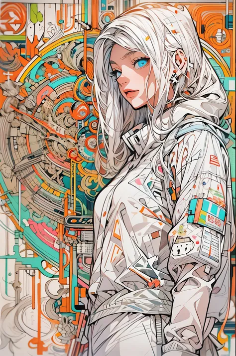 1monk warrior girl with white techwear clothes, white long hair, laces, abstract vintage scifi background, art by Moebius, art by Ashley Wood