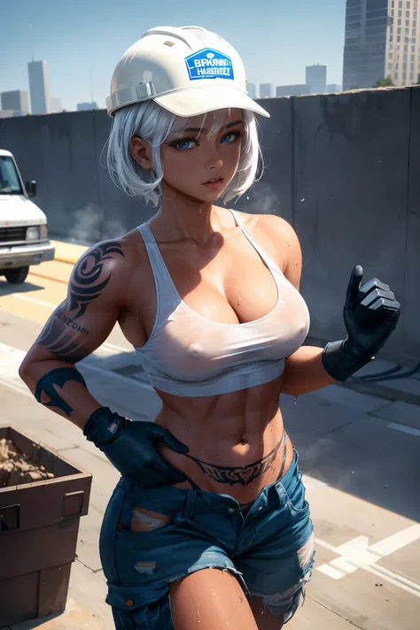 masterpiece, best quality, ultra-detailed, high contrast, realistic,(1woman),beautiful detailed eyes, looking at viewer, tattoo, muscular thighs, small breasts. (chest tattoo, thigh tattoo, sternum tattoo, 1.2), White hair, bob cut hair. Construction worke...