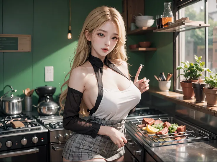 Masterpiece, top quality, slim, photo real, high resolution, glowing skin, light brushing, big breasts, long hair, blonde, multicolored hair, red eyes, long eyelashes, jewelry, earrings, piercings, nude apron, light green plaid apron, blonde, in the kitche...