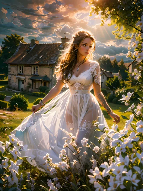 (masterpiece), (best quality), ((ultra-detailed)), (hyperrealistic), (highly detailed photo), cinematic lighting, photorealistic, extremely beautiful young lady in European countryside, intricate detailed white dress, shining, gloss, crisp, flirty, epic, f...