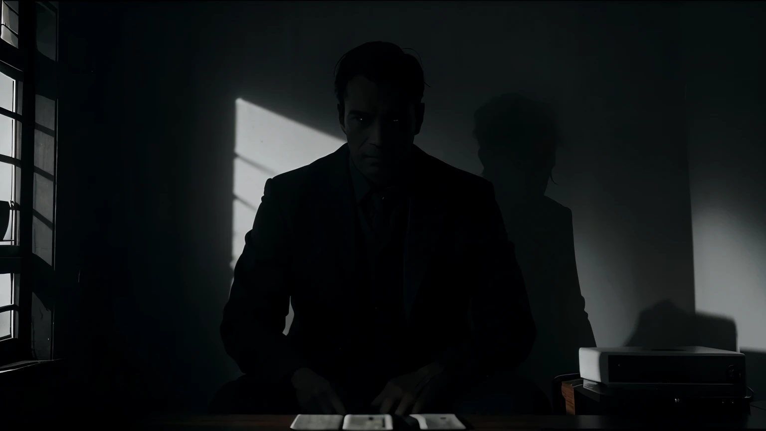 a shadowy tableau of a man watching an old black and white short film, while ominous shadows cast around him.