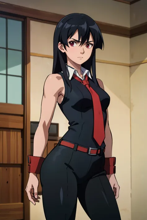 (masterpiece, best quality:1.2), cowboy shot, solo, 1girl, akame (akame ga kill!), expressionless, closed mouth, look at the viewer, black collared shirt, red tie, sleeveless, leggings, ass, wide hips