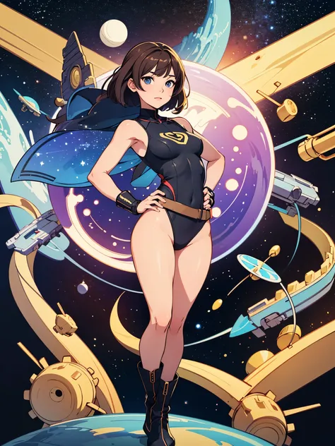 (((pixel-perfect, detail-perfect))), 1girl, superhero, leotard, highleg leotard, bare legs, boots, standing, solo focus, golden belt, hands on hip, full body shot, outer space, sleeveless, ultra highres, absurdres, beautiful face, detailed eyes, symmetric ...