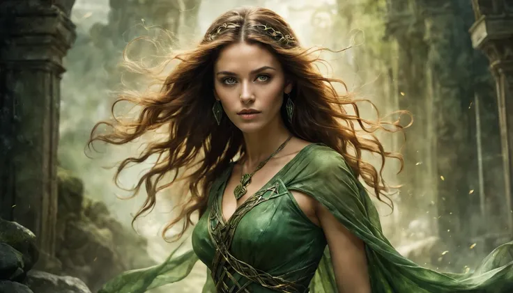 Mulher guerreira celta, (Tempestade de X-Men), (22 anos), Stone ruins, alta e esguia, long flowing green dress with Celtic knot jewelry, procriar, watercolor technique, Poster design, 300 DPI, soft lighting, ethereal art, misteriosa, serene expression, atm...