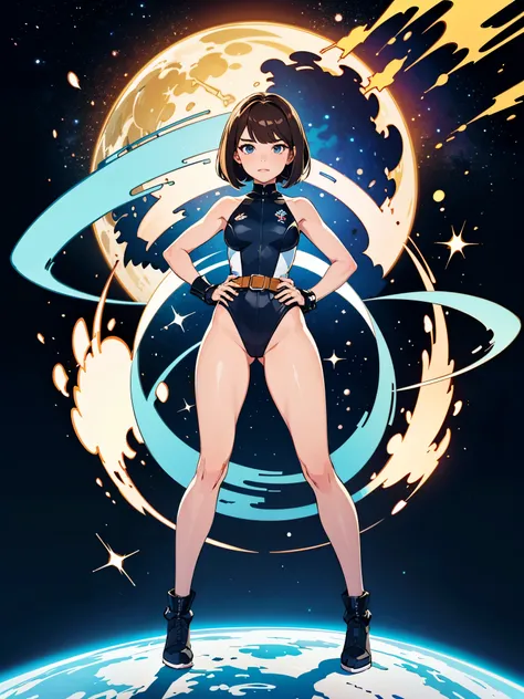 (((pixel-perfect, detail-perfect))), 1girl, superhero, leotard, highleg leotard, bare legs, boots, standing, solo focus, golden belt, hands on hip, full body shot, outer space, sleeveless, ultra highres, absurdres, beautiful face, detailed eyes, symmetric ...