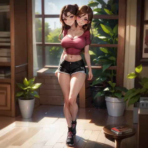 best quality, (masterpiece),(ultra-detailed), (high quality), (high resolution), (2heads:1.5),(brown hair), (blonde long hair), (huge breasts), cleavage, full body,best quality:1.5, highres, UHD, 4K), smiling, ((magenta t shirt)), wearing shoes with black ...