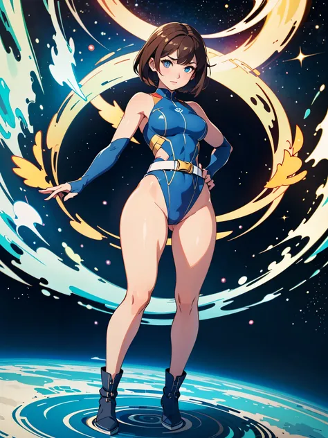 (((pixel-perfect, detail-perfect))), 1girl, superhero, leotard, highleg leotard, bare legs, boots, standing, solo focus, golden belt, hands on hip, full body shot, outer space, sleeveless, ultra highres, absurdres, beautiful face, detailed eyes, symmetric ...