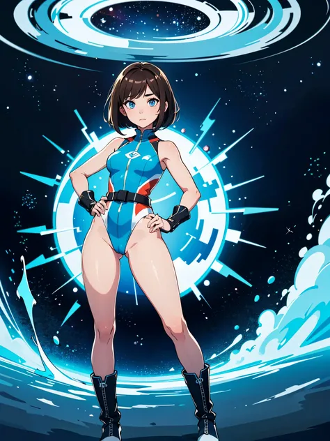 (((pixel-perfect, detail-perfect))), 1girl, superhero, leotard, highleg leotard, bare legs, boots, standing, solo focus, golden belt, hands on hip, full body shot, outer space, sleeveless, ultra highres, absurdres, beautiful face, detailed eyes, symmetric ...