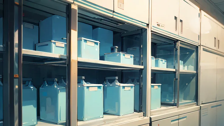 Several refrigerated cabinets for storing serum，serum storage，Hospital，Glass cabinet，Two-dimensional style，Japanese animation style