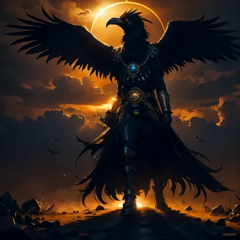 Giant Monstrous raven wearing heavy crown, raven head, glowing gold eyes, gold armor, sun halo, orange sun behind head, temple, great old one, eldritch, scary, attacking with lightning in battle