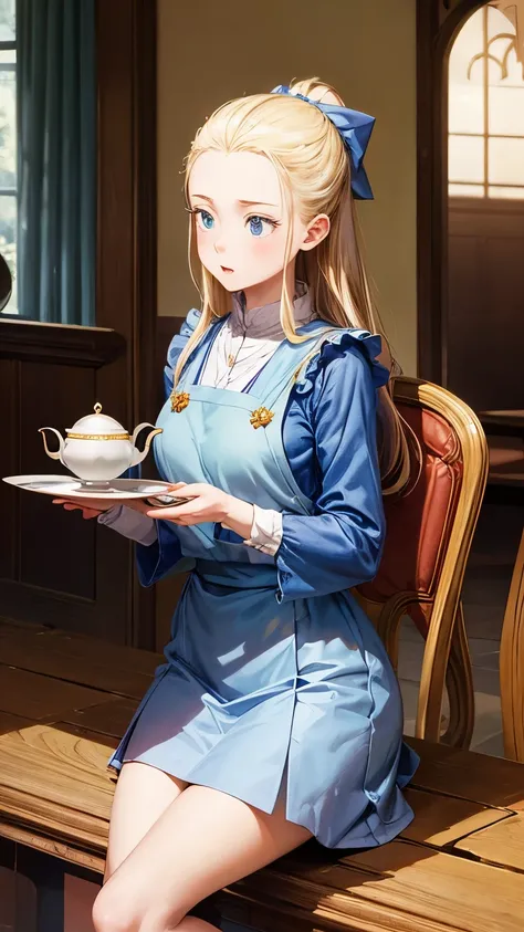 Mabel Attwell, Maurice Sendak, Naoko Takeuchi, Surreal, mysterious, bizarre, fantastic, fantasy, Sci-fi, Japanese anime, paranoia critic, bipedal Mr. Platypus, beautiful blonde miniskirt girl Alice having tea, perfect voluminous body, Alice in a teapot hou...