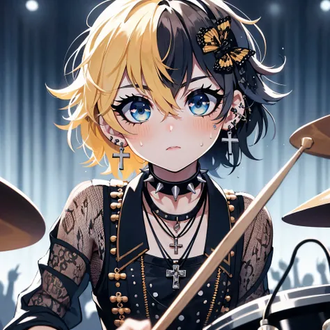 A 17-year-old girl, human, drummer, with short, two-tone hair (yellow and black) styled messily (1.3) covering one eye (1.3). She has an average build, an ultra-detailed face with cute, blue eyes. Wearing a Gothic costume, adorned with katyume, drumsticks,...