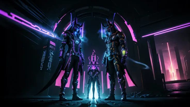 ((full body shot)),((cyberpunk, elegant Anubis collecting the souls of humans lined up to pass through the portal of light)), high detailed, lots of neon colors smoke, High resolution, Vibrant, High contrast, HDR, extremely detailed, ultra sharp, sharp foc...