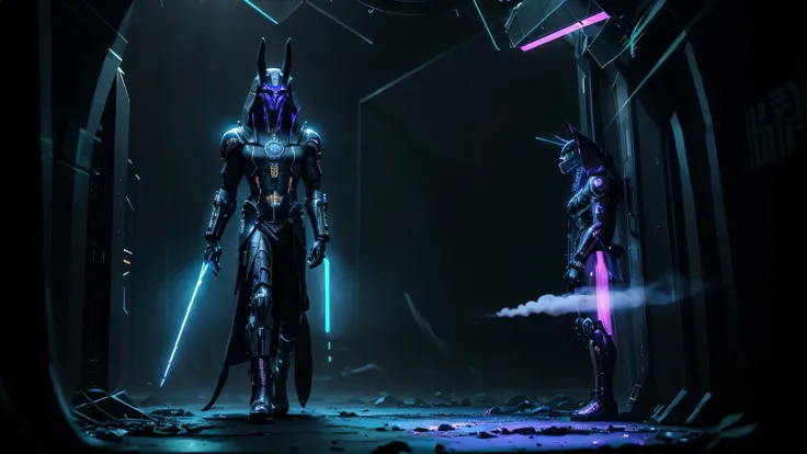 ((full body shot)),((cyberpunk, elegant Anubis collecting the souls of humans lined up to pass through the portal of light)), high detailed, lots of neon colors smoke, High resolution, Vibrant, High contrast, HDR, extremely detailed, ultra sharp, sharp foc...