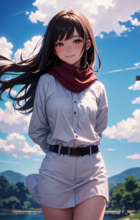 1girl, solo, sky, blue sky, impressionism, scenery, wind, scarf, light smile, arms behind back, clouds, wide shot, (masterpiece,...